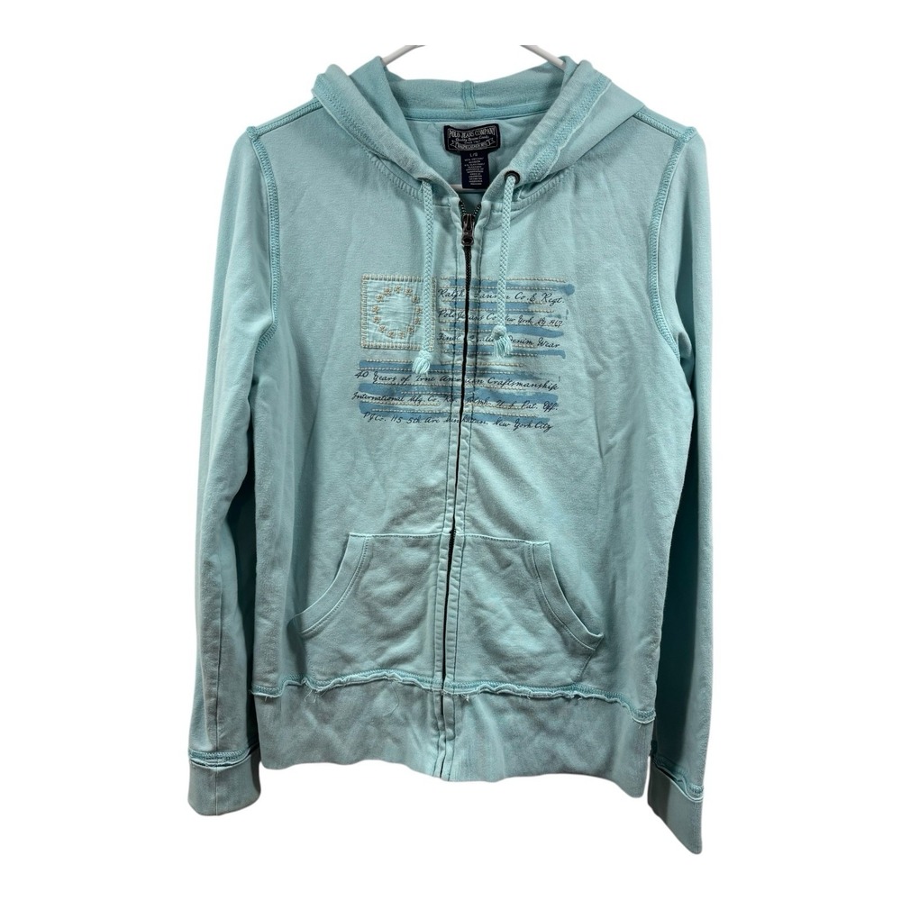 Polo Ralph Lauren Hoodie Kids Large Aqua Blue Full‎ Zip Pockets Embroidered